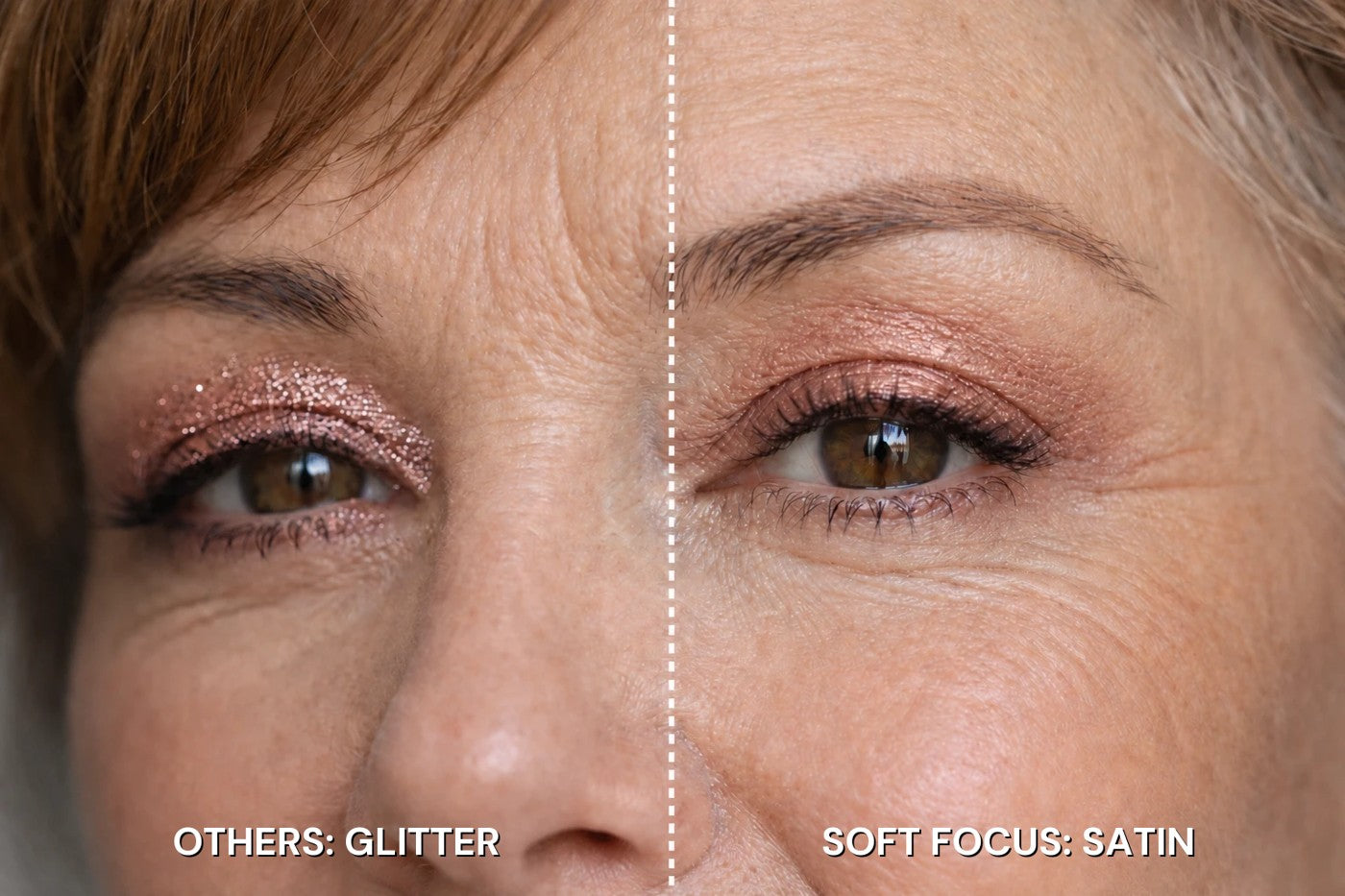 Before and after comparison: glitter shadow versus soft-focus satin finish on a hooded lid