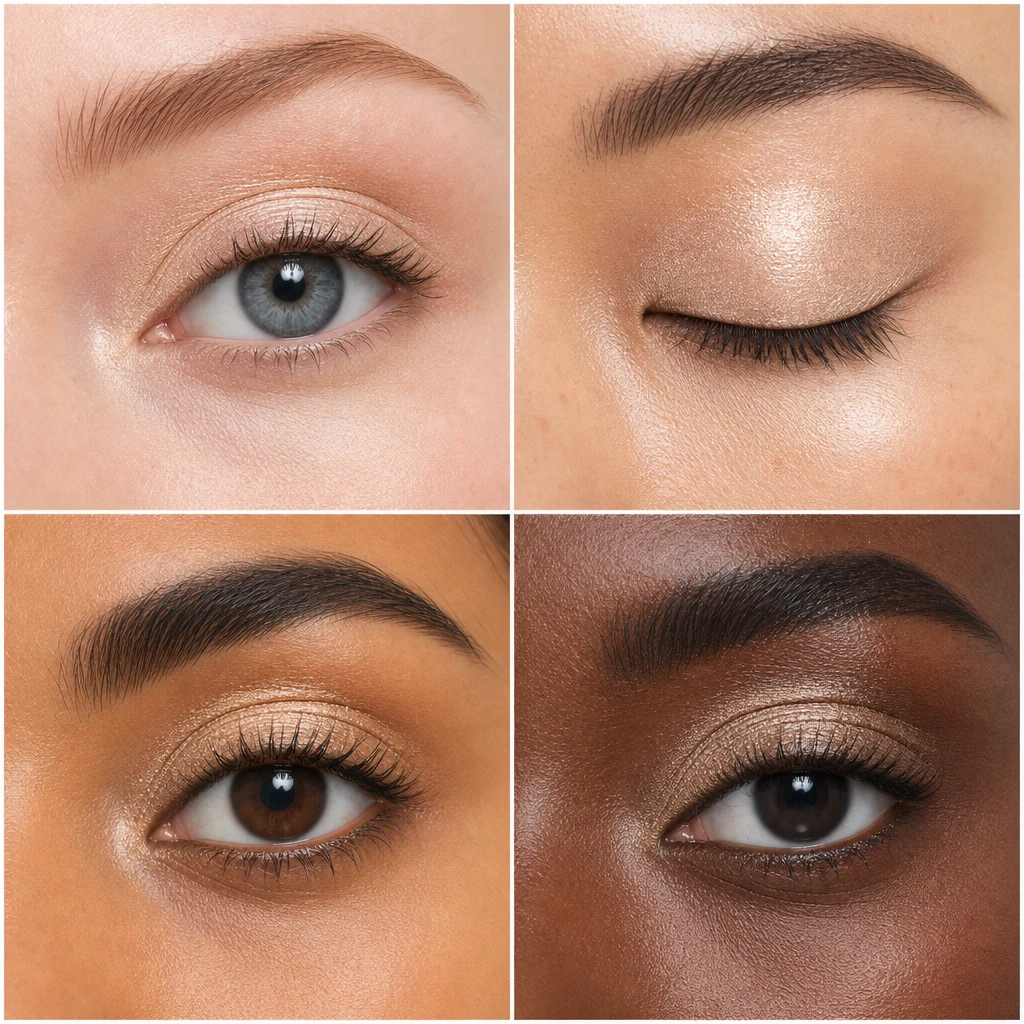 Soft-focus gel eyeshadow shown across different eye shapes and skin tones